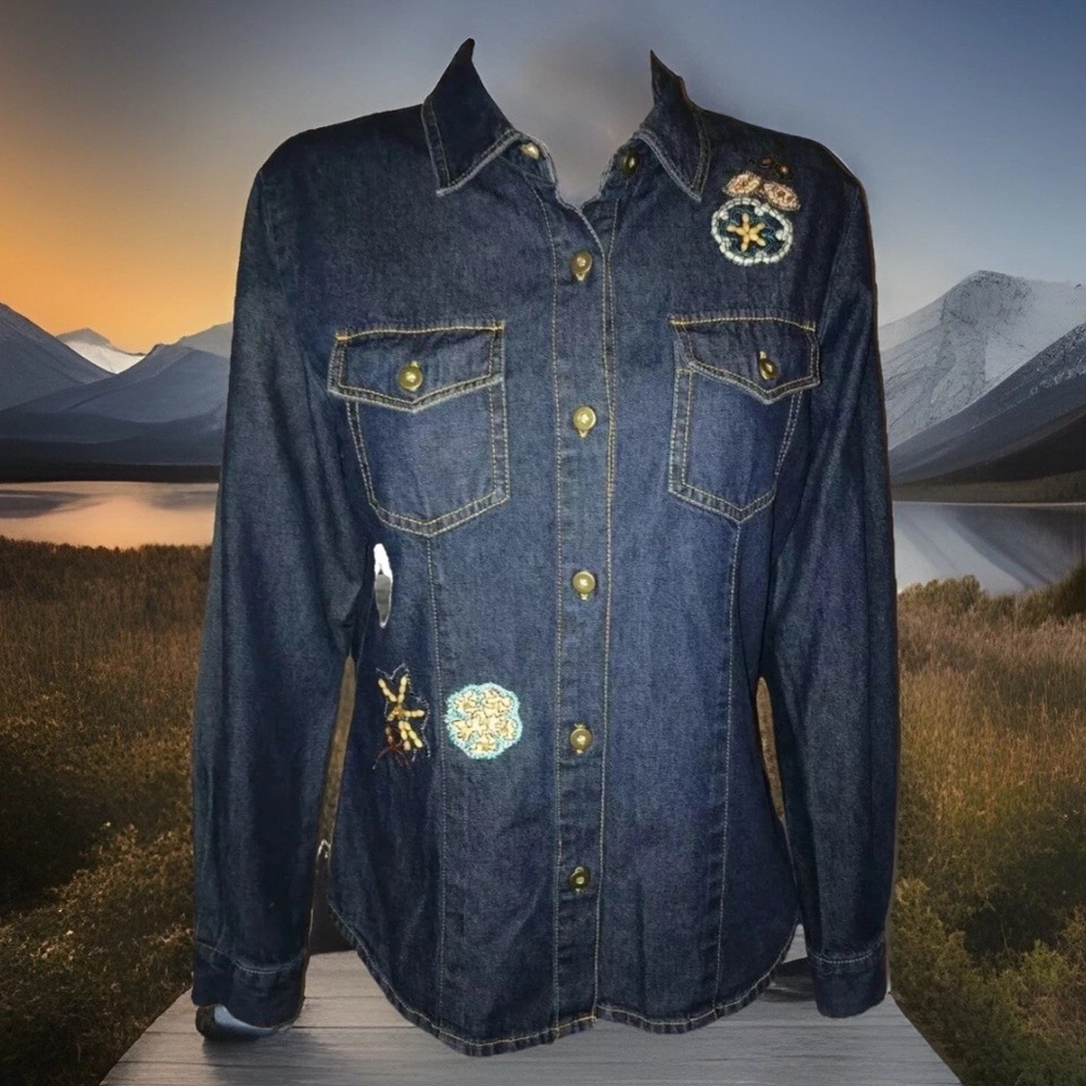 Vintage Teddi Blue Denim Floral Western Beaded Button Front Shirt